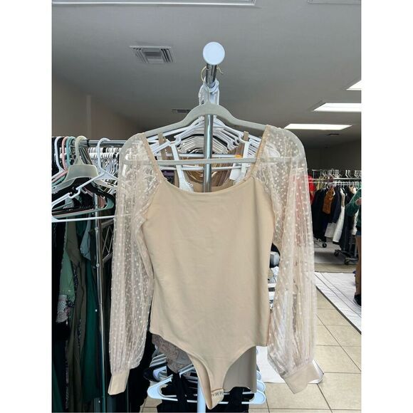 NEW Puff Bodysuit Off Shoulder Leotard Sheer Polka Dot Sleeve S - Picture 5 of 5